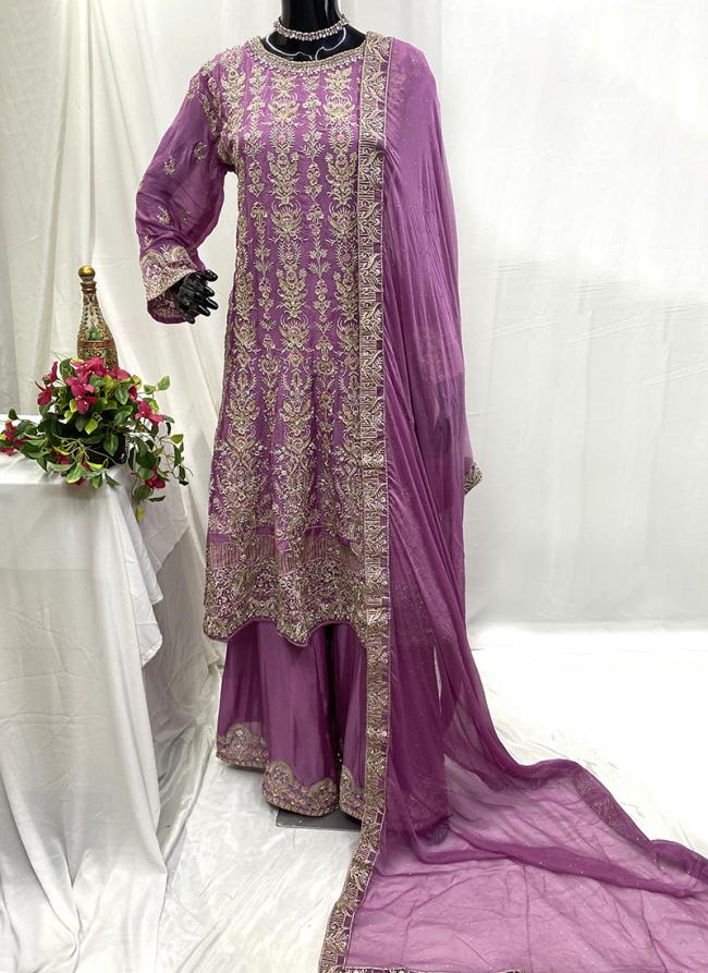 Chiffon Lilac Traditional Wear Embroidery Work Readymade Plazzo Suit